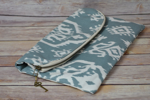 Wedding - Envelope clutch in Soft Denim Blue Ikat,  Simple, bridesmaid clutch, rustic wedding, Zipper close  by Darby Mack, made in the USA  in stock