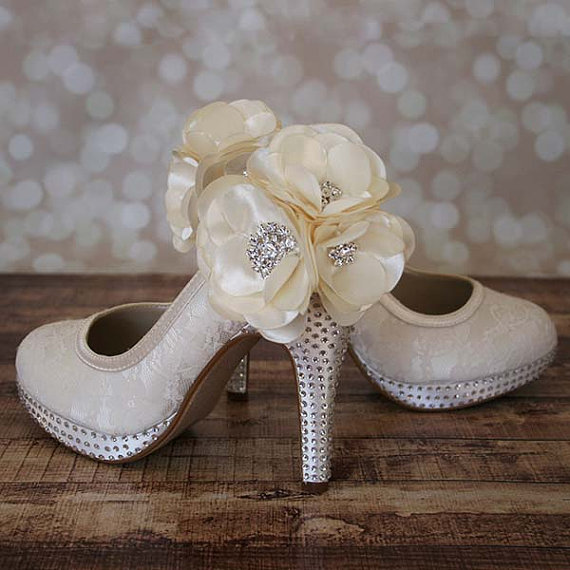 Hochzeit - Ivory Closed Toe Shoes with Lace Overlay