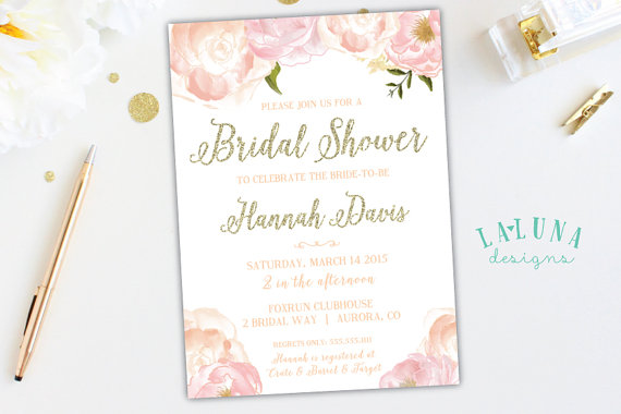 Hochzeit - Bridal Shower Invitation, Pink Floral Shower Invite, Glitter Invitation, Pink & Gold Invitation, DIY Printable