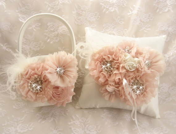 Hochzeit - Blush Flower Girl Basket, 3D, Ring Bearer Pillow, Hand dyed Blush and Cream Flower Girl Basket Set Wedding Pillow Elegant and Classic