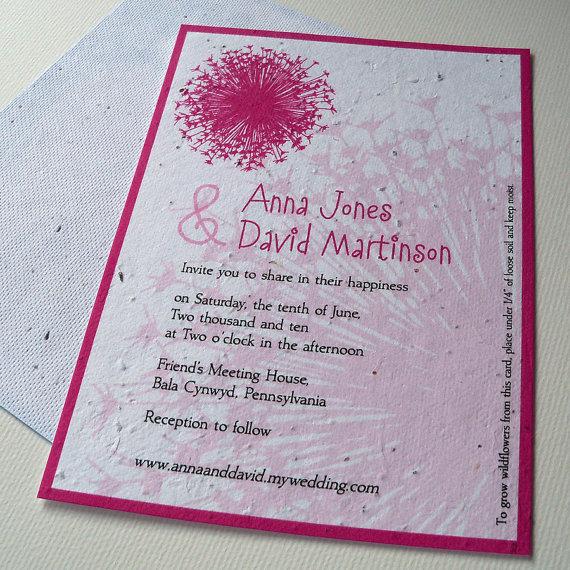 Wedding - Wedding invitations with dandelion flowers, plantable paper, hot pink and black, set of 25