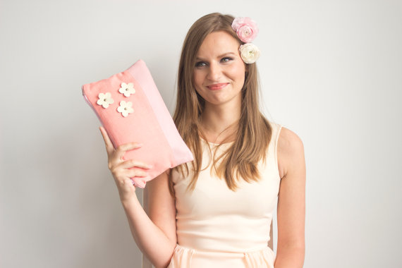 Wedding - 50% SALE! Pink linen and leather clutch, Wedding clutch, Evening purse, Summer purse