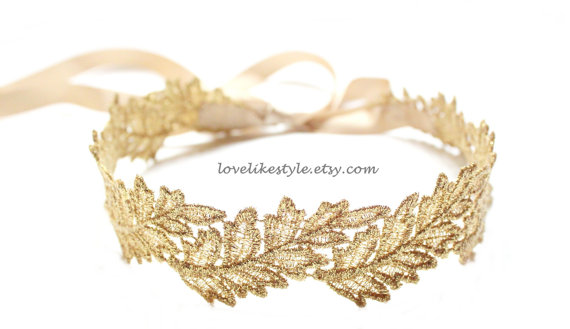 زفاف - Gold Leaf  Metallic Lace with Champagne Satin Sash / Bridal Sash, Bridesmaid Sash , Head Tie /SH-06