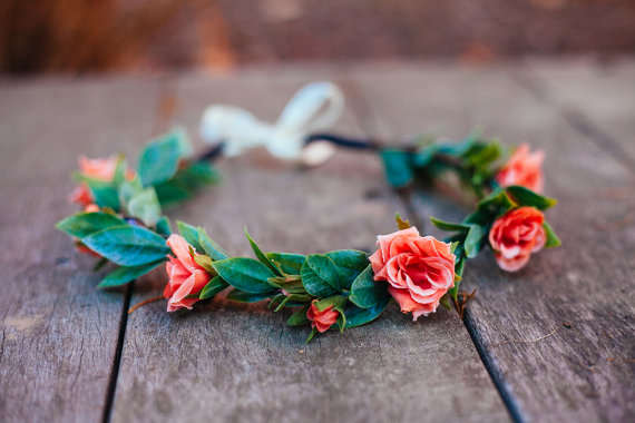 Wedding - Coral Pink Hair Crown, Bohemian Flower Crown, Coral Wedding Headband - MADE TO ORDER