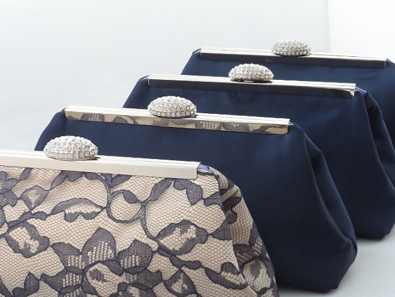 Hochzeit - Wedding Party Gifts SALE! 5% OFF Set Of 4 Navy Blue Lavender And Champagne Bridesmaid Gifts Bridal Clutch, Mother Of The Bride Gift Weddings