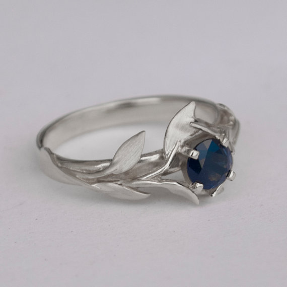 Hochzeit - Leaves Engagement Ring No.4 - 14K White Gold and Sapphire engagement ring, engagement ring, leaf ring, antique, art nouveau, vintage