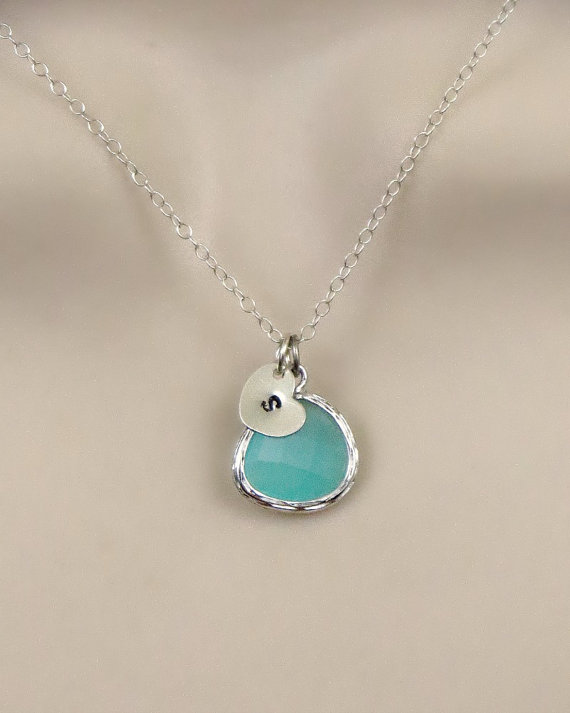 Hochzeit - Personalized Initial Necklace, Aquamarine Bezel Charm, Sister Necklace, Initial Heart Charm, Bridal Jewelry, Wedding Jewelry, Friendship