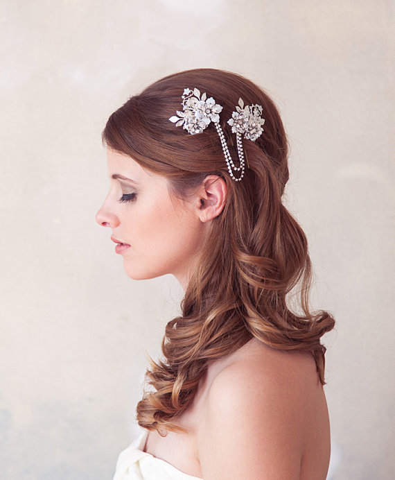 Wedding - Crystal Chain Headpiece, Floral bridal headpiece, wedding hair vine, flower hair piece, gold, crystal headpiece, wedding hair accessories,