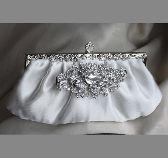 Wedding - Ivory satin Clutch with Crystal brooch Wedding handbag Bridal purse C303
