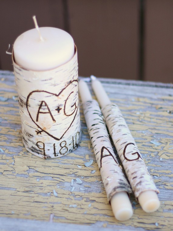 Mariage - Personalized Unity Candle Set Rustic Birch Bark