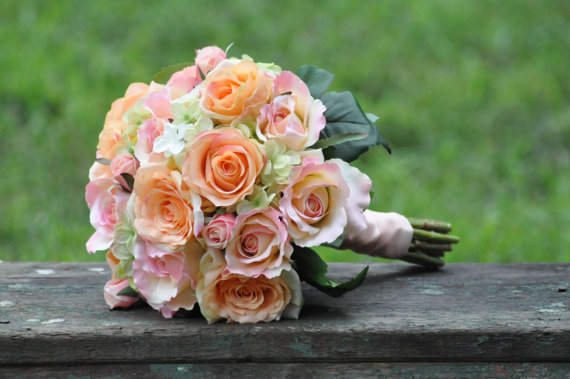 Wedding - Silk Wedding Bouquet, Wedding Bouquet, Keepsake Bouquet, Bridal Bouquet, Coral Rose, Pink Rose, Green Hydrangea silk flowers.