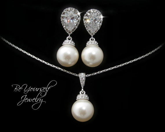 Hochzeit - Pearl Bridal Earrings and Necklace Set Cubic Zirconia Sterling Silver Earpost Swarovski Round Pearl Earrings Wedding Jewelry Bridesmaid Gift