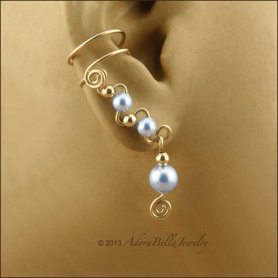 زفاف - Swarovski Crystal Pearl and 14 KT Gold Filled Pair Ear Cuffs, Your choice of 12 Pearl Colors, Pearl Ear Cuff, Bridal Ear Cuff, Wire Ear Cuff