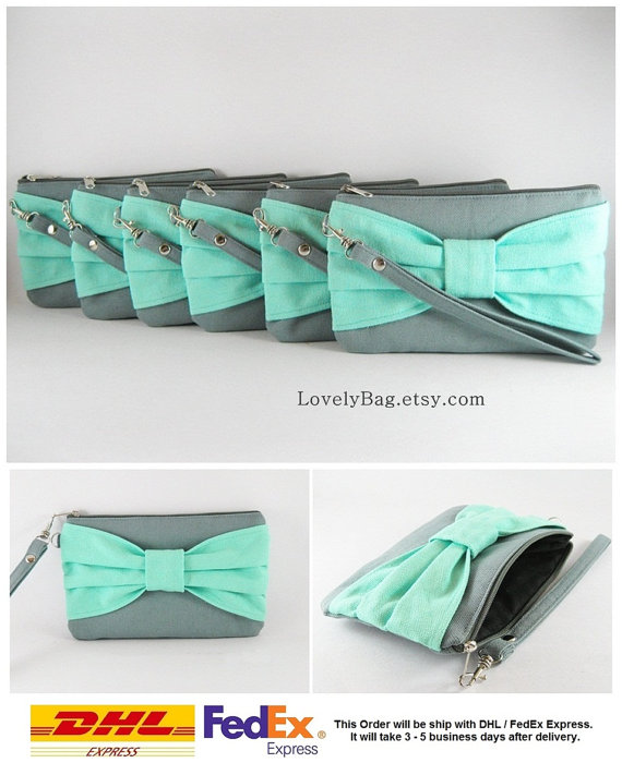 Mariage - Bridesmaid-Wedding Clutch - Gray with Mint Bow Clutch Set of 5