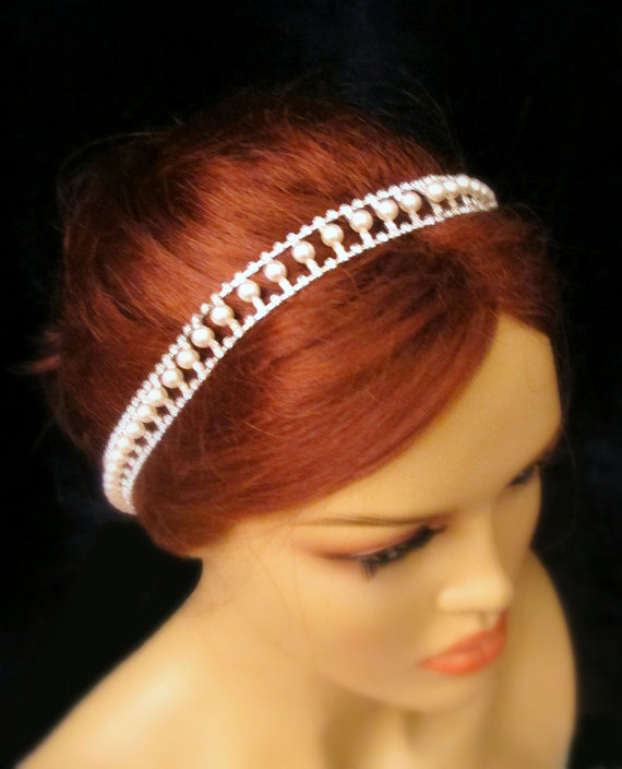 Свадьба - Rhinestone Pearl Beaded  Bridal Crystal Tiara Headband  Wedding Accessories Headpiece Head Piece