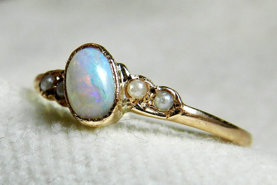 زفاف - Opal Engagement Ring, Rose Gold Australian Blue Opal Seed Pearl Ring, Antique Opal Ring 14K Rose Gold October Birthday