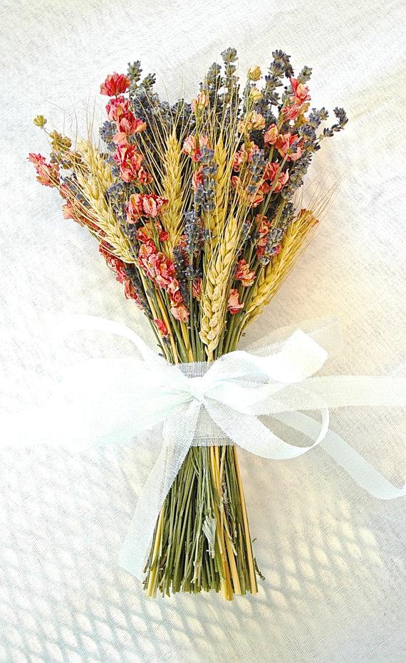 Свадьба - 3 Fall Wedding  Bridesmaid Bouquet of Lavender Coral Peach Larkspur and Wheat