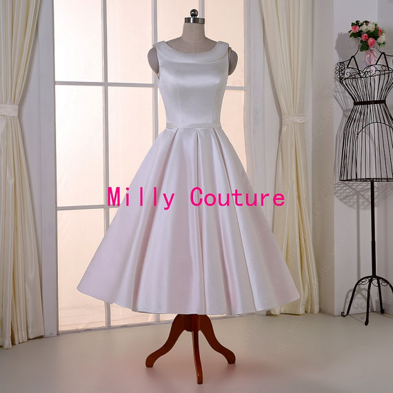 Wedding - Round neck tea length wedding dress/ rockabilly wedding dress, retro 1950's wedding dress,vintage wedding gown, modest wedding dress