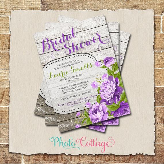 Hochzeit - Purple Shabby Chic Bridal Shower Invitation, Wood Lavender Bridal Brunch Invitation, Invitations, Floral Bridal Shower Invites, BS161