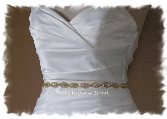 Hochzeit - Gold Beaded Rhinestone Crystal Sash, Jeweled Bridal Sash, Gold Wedding Dress Belt, Wedding Party Belt, No. 4070SG-18, Gold Bridesmaid Sash