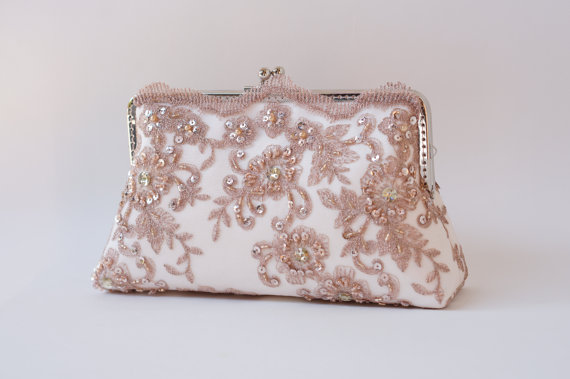 Mariage - Rose Gold Lace Silk Clutch, Vintage inspired , wedding bag, bridesmaid clutch, Bridal clutch