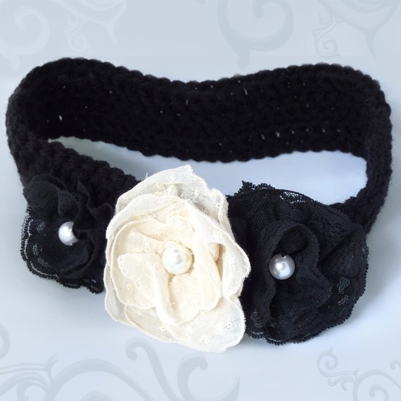 زفاف - Black Crochet and Lace flower Headband