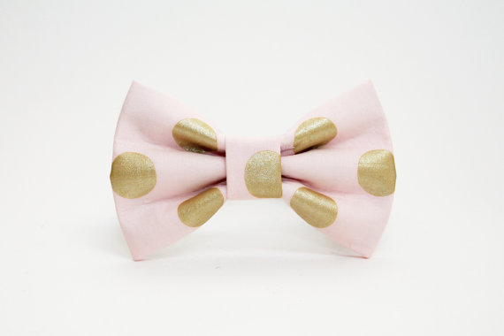 Mariage - Dog Bow Tie- Blush Pink and Gold Metallic Polka Dot Print- More Colors Available
