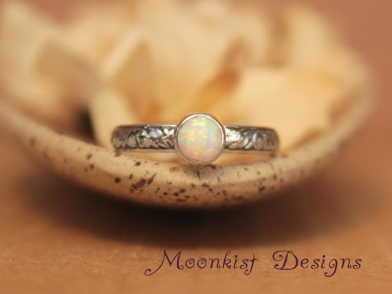 زفاف - Opal Bezel-Set Solitaire with Floral Sterling Silver Tendril and Vine Band, Floral Promise Ring, Floral Engagement Ring, Choice of Stone