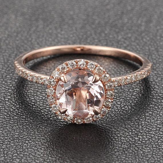 زفاف - Morganite with Diamonds Engagement Ring in 14K Rose Gold,7mm Round Morganite  .27ct Pave Diamond Halo Claw Prongs White Gold/Yellow Gold
