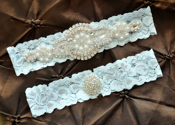 Hochzeit - Wedding Garter Belt, Bridal Garter Set - Blue Lace Garter, Keepsake Garter, Toss Garter, Crystal Embellishment Blue, Something Blue Garter