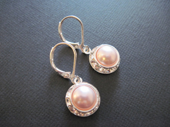 Mariage - Swarovski Crystal Pink Pearl Drop Earings/ Bridal Jewelry/ Bridesmaid Earings/ Bling Earings