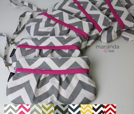 Mariage - Coco Medium Zippered Clutch Set of 6 - Wedding Bridesmaid Clutch Set- Wristlet CUSTOM Chevron and Accent with detachable strap