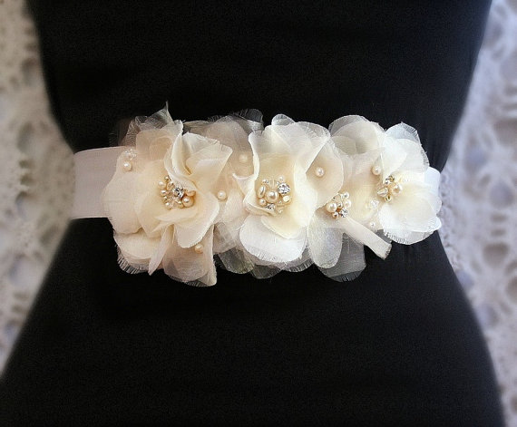 Mariage - Floral Bridal Sash, Champagne Wedding Sash, Wedding Accessories, Pearl Sash, Rhinestone Crystal Sash, Wedding Belt, Satin Ribbon Bridal Belt