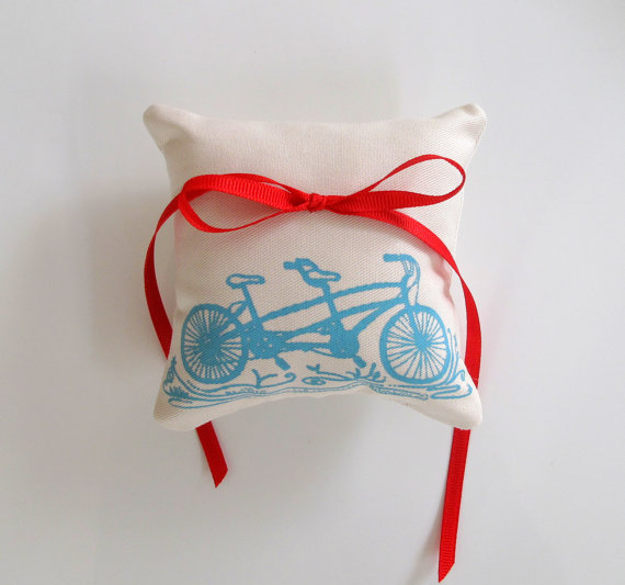 زفاف - Tandem Bicycle Wedding Ring Bearer Pillow 4 x 4 inches on Aqua Ink on Ivory Cotton