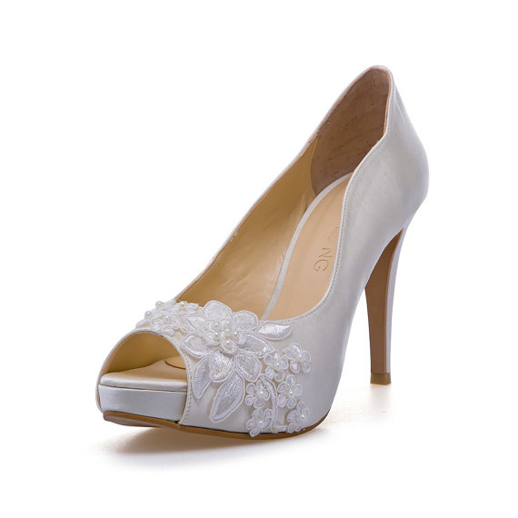 Mariage - Lovella ,Ivory White Lace Adorned Wedding Shoes,Ivory White Bridal Heels,Ivory White Lace Wedding Shoes, Ivory White Pearl Bridal Heels