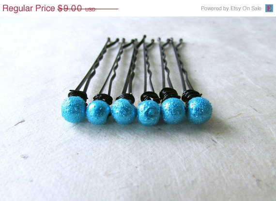 Mariage - ON SALE Malibu Blue Pearl Bobby Pins. Textured Sparkly Hair Pins for Summer Bridesmaids, Tropical  Destination Weddings. Wire Wrapped Bobby
