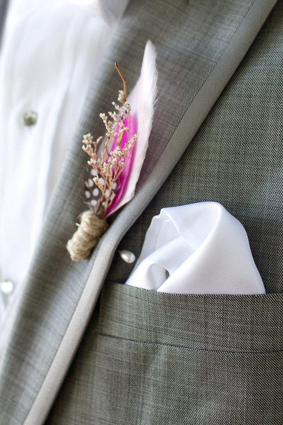 Wedding - Soft Pink Woodland Boutonniere - Feathers And Dried Naturals