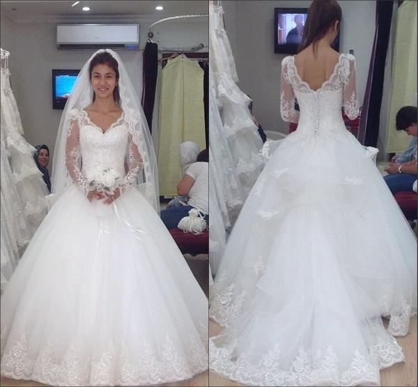 Wedding - 2015 Vintage Long Sleeve Wedding Dresses Sheer V-Neck Covered Button Back Applique Lace Sweep Train Ball Gown Bridal Gowns Custom Made Online with $116.92/Piece on Hjklp88's Store 