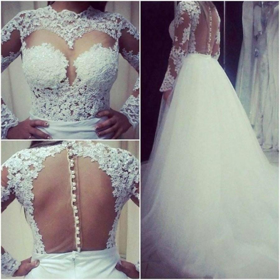 Свадьба - Vintage 2015 A Line Wedding Dresses With Long Sleeves Illusion Sheer Jewel Chapel Train Applique Beaded Ball Tulle Bridral Gowns Online with $113.69/Piece on Hjklp88's Store 