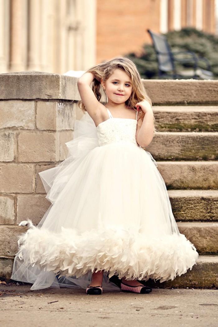 Mariage - 2015 New Lovely Spaghetti Tulle Applique Feather Detachable Big Bow Poofy Flower Girls' Dresses Girl's Pageant Dresses Birthday Dress Online with $70.04/Piece on Hjklp88's Store 