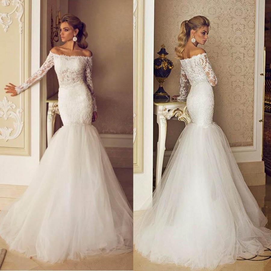 Wedding - Fashion Mermaid Wedding Dresses 2015 With Long Illusion Sleeves Sexy Off Shoulder Sweep Train Lace Sheer Tulle Winter Wedding Gowns BO6916 Online with $117.07/Piece on Hjklp88's Store 
