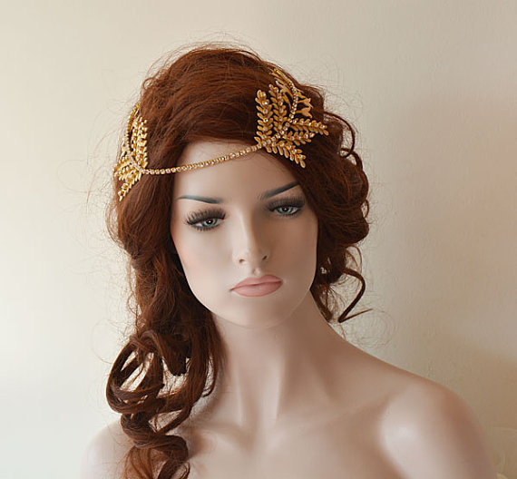 Hochzeit - Gold Rhinestone Forehead band, Bridal headband, Bridal Halo, Wedding Hair Accessories, Bridal Hair Accessory
