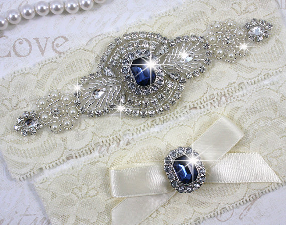 Hochzeit - SALE - PRISCILLA - Blue Sapphire Victorian Inspired Garter Set, Wedding Lace Garter, Rhinestone Crystal Bridal Garters, Something Blue