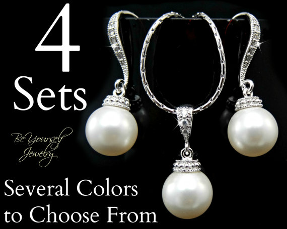 Свадьба - 4 Sets of Swarovski Pearl Earrings and Necklace Set Pearl Matching Set Hypoallergenic Wedding Jewelry Bridesmaid Gift Several Colors 10% OFF