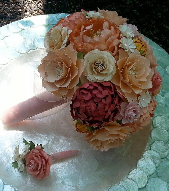 Wedding - Paper Bouquet - Paper Flower Bouquet - Wedding Bouquet - Peach and Coral - Custom Made - Any Color