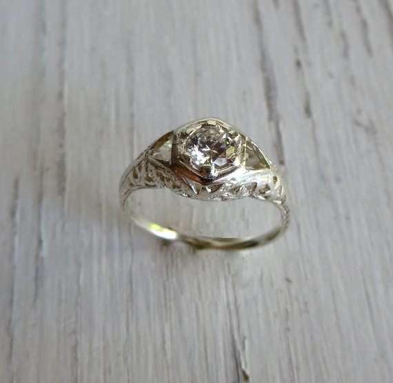 زفاف - Custom Art Deco Solitaire Engagement Ring 14kt White Gold Moissanite, Antique Style and Conflict Free, Forever Brilliant, leaf design C&S