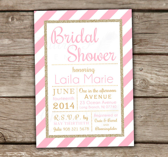 Hochzeit - Pink & Gold Bridal Shower Invitation - Printed or Printable, Engagement Wedding Typography Baby Couples Glitter Retro Striped Kitchen - #045