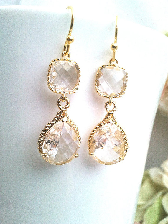 Hochzeit - Clear Crystal Gold Earrings, Dangle ,Wedding , Drop Earrings, Bridal jewelry, bridesmaid gifts, Holiday Jewelry, Christmas Gifts