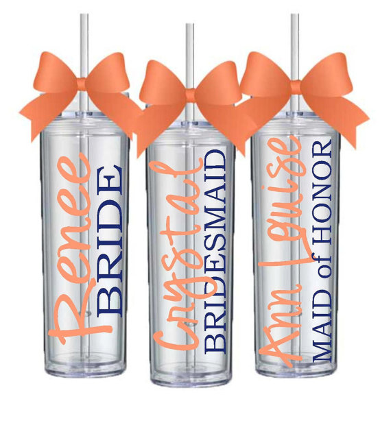 Wedding - 5 Skinny Personalized Bridesmaid Tumblers - Wedding Party Acrylic Tall Tumblers - Set of FIVE