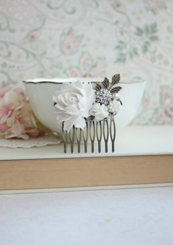 Mariage - White Flowers Comb, Rose, Pearl, Rhinestone Diamente, Brass Leaf Sprig, Pearl Antiqued Brass Hair Comb. White Vintage Style, Bridal Wedding